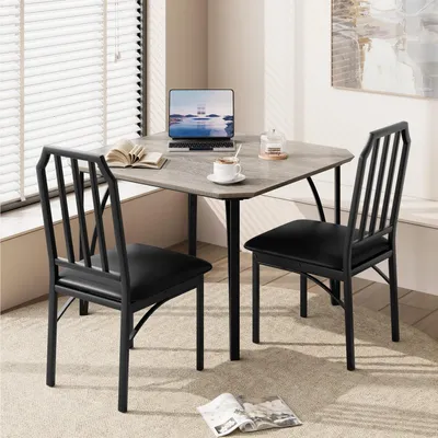 Image de Ensemble de table et chaises, 3 pièces, gris, comprenant une table et 2 chaises rembourrées avec structure métallique