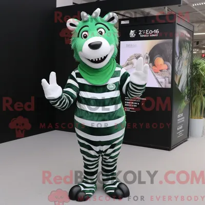 Produktbild von Maskottchenfigur REDBROKOLY eines waldgrünen Zebras mit Etuikleid und Handschuhen