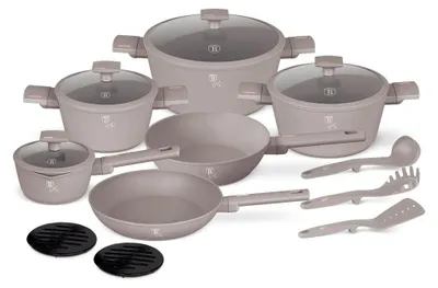 A set of cookware and utensils arranged on a white background.