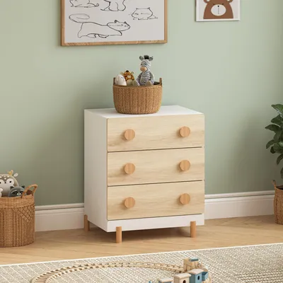 Produktbild von Kinderkommode 'Vaarentaa' 55 x 41 x 66 cm mit 3 Schubladen Holzbeine Weiß/Eicheoptik