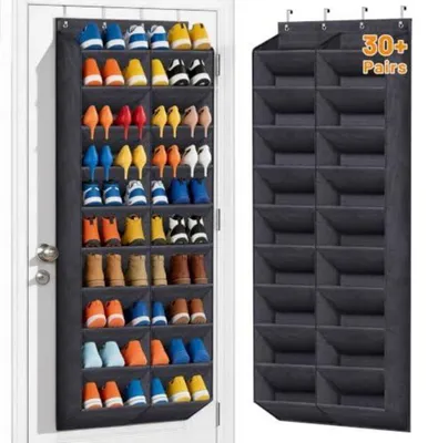 Image de Étagère à chaussures suspendue pour porte, 20 compartiments, noire, en tissu Oxford, dimensions : 180 x 56 x 25 cm