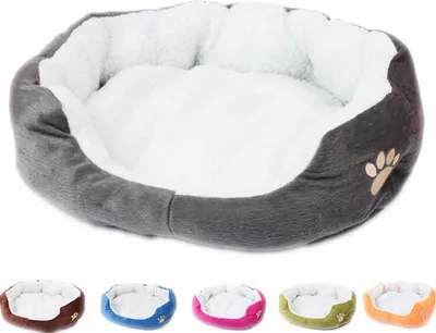 A main product shot of a pet bed, with smaller images of the same pet bed in different colors shown below.