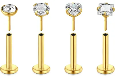 Zdjęcie produktu dla Zestaw 4 sztuk kolczyków do piercingu wargi (labret) ze stali chirurgicznej, złote, wymiary: 1,2 x 8 mm