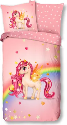 Produktbild von Soma Renforcé Bettwäsche Regenbogen Set 2 teilig Bettbezug 135x200cm Kopfkissenbezug 80x80cm Einhorn pink