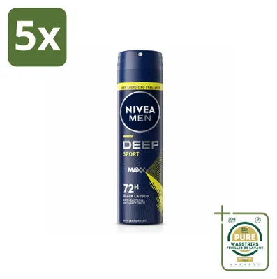 Imagen del producto de 5 unidades de desodorante en spray NIVEA MEN Deep Sport, 150 ml, pack ahorro