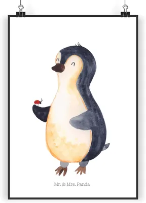 Produktbild von Mr. & Mrs. Panda Bild Pinguin Marienkäfer DIN A3 - Weiß - Geschenk, drucke, Pinguine, Aufmerksam, Wandbild, Glück, Kleine Wunder, wanddruck, Wanddekoration, Plakat, Liebe