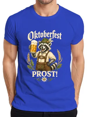 Productafbeelding van , PROST, wasbeerprint, lederen broek, bierkan, dirndl, Wiesn, heren T-shirt, blauw, maat L