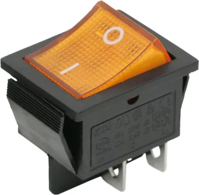 Obrázok produktu pre 5x kolískový vypínač čierny s žltou LED – podsvietený kolískový vypínač DPST 250 V 16 A – zapustený vypínač ON/OFF s označením I/O – pre elektrické zariadenia a technické rozhrania – predajná jednotka 5 kusov [09029SA]