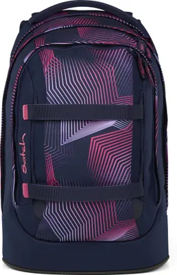 A navy blue backpack with a geometric pink and purple pattern.