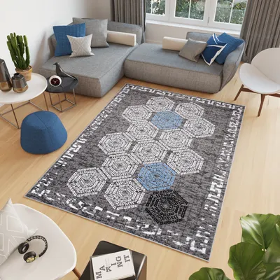 Produktbild von Teppich Wohnzimmer Schlafzimmer Kurzflor Design Modern Grau Blau Meliert  140 x 200 cm