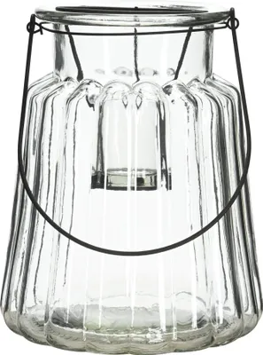 Produktbild von Windlicht Rillen Glas mit Henkel und Teelichthaltereinsatz klar