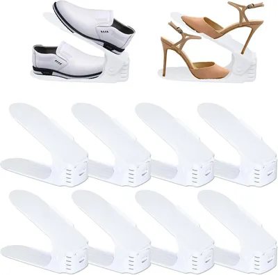 Produktbild von 10 Stück verstellbare Schuhablagen aus PP, rutschfeste und höhenverstellbare Schuhstapler, platzsparender Schuhorganizer zur Schuhaufbewahrung, zweilagige Schuhhalter für den Haushalt (Weiß)