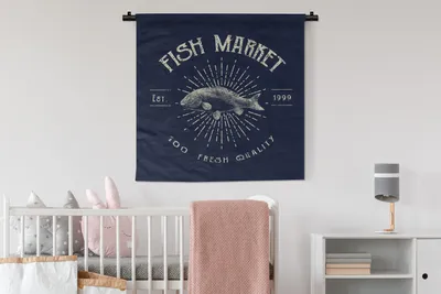 Produktbild von MuchoWow® Wandteppich Wandbehang Jahrgang - Fisch - Text 90x90 cm Tapisserie Dekoration Wandtuch - Wandaufhänger