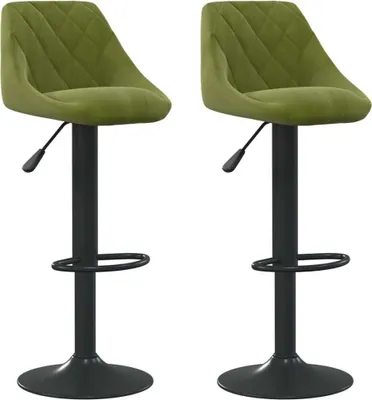 Two green velvet bar stools with black bases are shown against a white background.