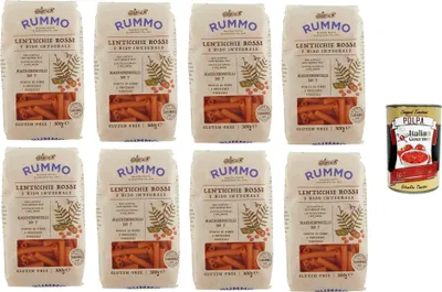 Produktbild von Rummo Maccheroncelli N° 7 Glutenfreie Pasta aus roten Linsen und braunem Reis. 8 x 300 g + Italian Gourmet polpa 400g