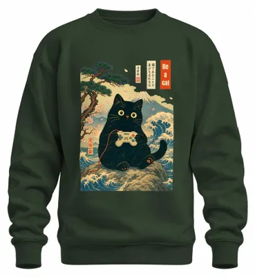 Immagine prodotto di Felpa con cappuccio, stile "gamer", con immagine di un gatto nero, ispirata all'arte giapponese Ukiyo-e, con elementi che richiamano l'onda e lo stile Y2K. Colore: verde bottiglia. Taglia: 3XL
