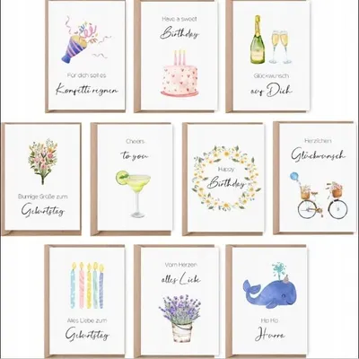 Image de Lot de 10 cartes d'anniversaire avec enveloppes | Aquarelle