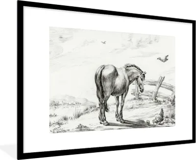 Produktbild von MuchoWow® MuchoWow® Gerahmtes Poster Stehendes Pferd mit Henne und Küken - Gemälde von Jean Bernard 90x60 cm - Poster mit zchwarzem Bilderrahmen - Wanddekoration - Fotos