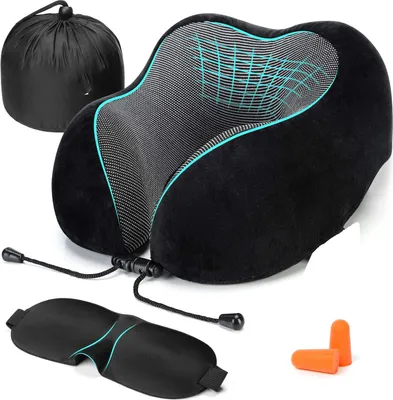 Produktbild von Reise Nackenkissen mit weichem Memory Foam Reisekissen Schlafmaske Ohrenstöpsel Set mit Tragetasche Schwarz