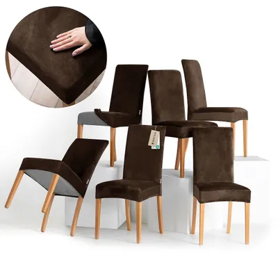 Produktbild von Stuhlhussen Stretch Set schützender Stuhlbezug Universal Stuhlüberzug Hussen 6er Set Dunkelbraun