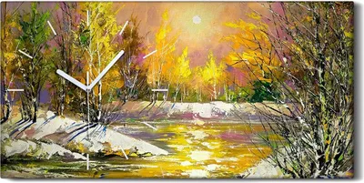 Produktbild von Wandbild Leinwand Bilder mit Uhr 60x30 kunst Herbst Landschaft am Fluss ufer - weiße Hände