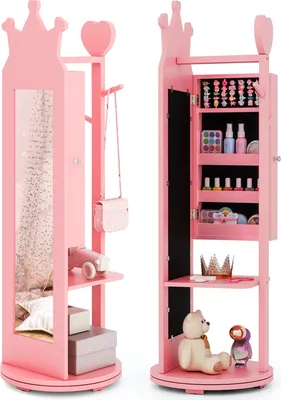 Produktbild von DREAMADE 3-in-1 Kinder-Schmuckschrank, 360° drehbarer freistehender Schmuckschrank mit Ganzkörperspiegel & Kleiderständer, Spiegelschrank, Rosa