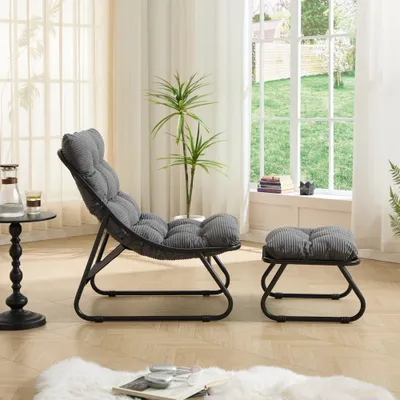 Produktbild von Outdoor Lounge Sessel mit Hocker, gepolstert, Stahlgestell, Beige, Garten Relaxstuhl