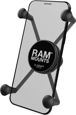 A black RAM MOUNTS X-Grip phone holder is shown holding a transparent smartphone.