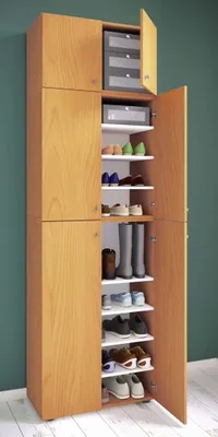 Produktbild von VCM Holz-Schuhschrank | Maße: H. 200 x B. 70 x T. 39 cm | Allzweckschrank | 9 Fächer | 4 Drehtüren | Aufsatz mit 2 Türen – Lona