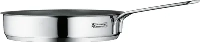 A stainless steel frying pan with a long handle, shown from a side angle against a white background.