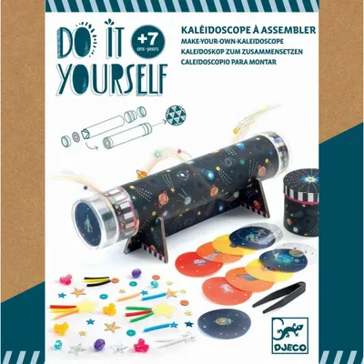 The image shows the packaging of a DIY kaleidoscope kit.
