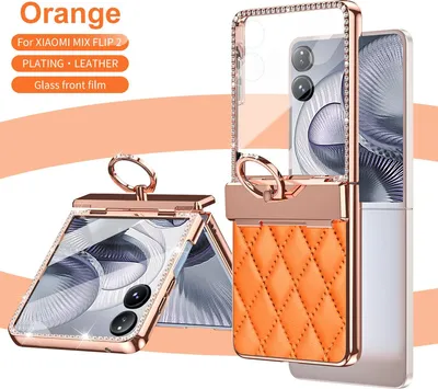 Produktbild von Hülle für Xiaomi Mix Flip 2 mit Ringhalterung, Luxus Glitzer Bling Überzug Scharnierschutz Handyhülle Orange
