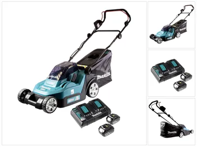 A collage of images showing a Makita cordless lawnmower and its accessories.