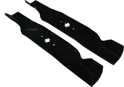 Two black lawn mower blades are shown against a white background.