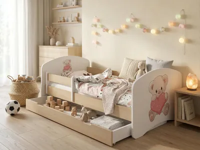 Image de Lit d'enfant « Happy » 140 x 70 cm avec tiroir et barrière de sécurité | Lit junior aspect bois poirier | Lit d'enfant robuste, lit junior