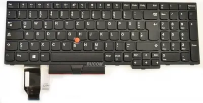 A black laptop keyboard with a red trackpoint is shown from a top-down perspective against a white background.