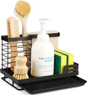 Produktbild von Spülbecken Organizer Küchen,Kitchen Sink Caddy Organizer,Spülmittel Halterung Küche,Schwammhalter/Spüllappenhalter mit Abflusspfanne,Waschbecken Abwasch Organizer,Spülorganizer Spüle Ablage Schwarz
