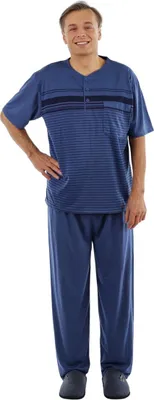 Produktbild von Pyjama Herren lang Schlafanzug Schlafkleidung Nachtwäsche, Farbe:Dunkelblau, Größe:XL