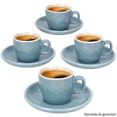 Produktbild von 4er Set Hexa Espressotassen mit Untertassen Blau Keramik Relief Mokka
