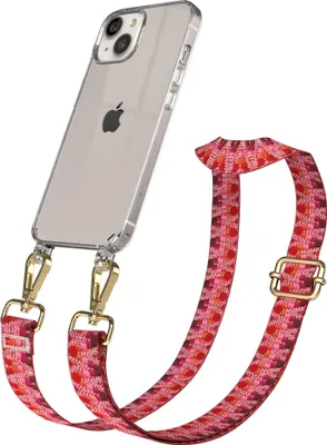 Produktbild von EAZY CASE Handykette - Verstellbarer Trageriemen kompatibel mit Apple iPhone 13, Handykordel mit transparenter Silikon-Hülle, Karabiner Gold, ZickZack Style, Band in Lila