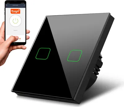 Produktbild von Smart WiFi 2-Fach Touch Lichtschalter Kompatibel mit Tuya APP Wandschalter Glas Schalter mit Farbwechsel LED Hintergrundbeleuchtung Einbauschalter 85x85mm (2-Fach Eckig, Schwarz)