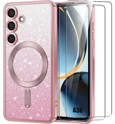 Image de Coque + 2 Verres Trempés pour Samsung Galaxy A36 5G, avec Cercle Magnétique Protection Caméra - Rose Pailleté