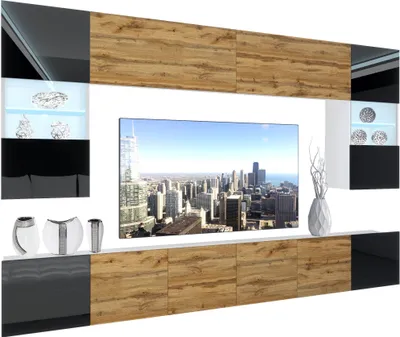 Produktbild von BELINI Wohnwand Vollausstattung Wohnzimmer-Set Moderne Schrankwand mit LED-Beleuchtung Weiß Glänzend Anbauwand TV-Schrank Schwarz / Wotan Eiche Glänzend/Matt