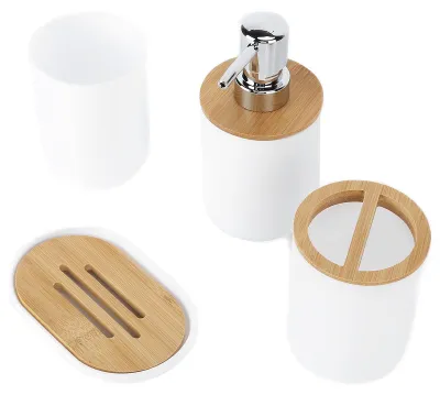 Imagen del producto de Conjunto de accesorios para baño de bambú, de 4 piezas, que incluye un soporte para cepillos de dientes, un jabonera y un dispensador de loción