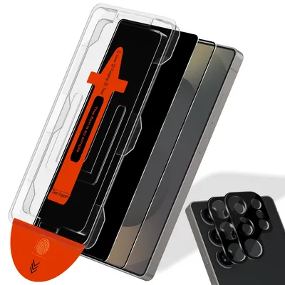 Obrázek produktu pro 2-balení Samsung S25 Ultra Ochranné sklo na displej (1 Privacy + 1 čiré) & 2-balení ochrana objektivu - Tvrzené sklo | [Automatická instalace] - Bez