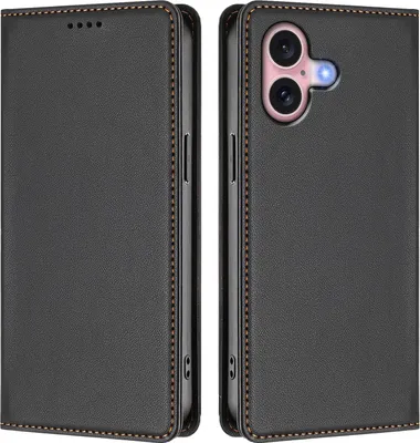 Produktbild von Handyhülle für iPhone 16, Kunstleder Klapphülle Stoßfeste Magnetische Hülle mit Ständer Schwarz