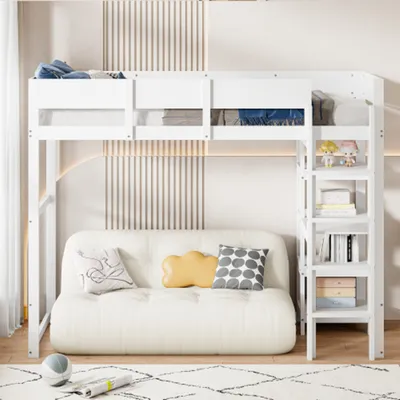Produktbild von Kinderbett,Hochbett mit Ablage 90 x 200 cm, Bettgestell,Bett für Kinder und Jugendliche