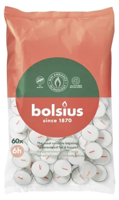 Produktbild von Bolsius Teelichte 6 Stunden Beutel 60 Stück weiß