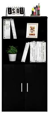 Produktbild von Bücherregal mit 2 offenen Einlegeböden und 2 Türen, Schwarze Eiche