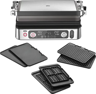 Produktbild von Braun MultiGrill 9 CG 9167, Kontaktgrill mit Grill, Flach- und Waffelplatten und Temperaturfühler, Grillpositionen: Kontakt, Ofen, Spülmaschinenfeste